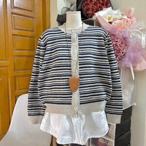 Black White Striped Knit Cardigan
